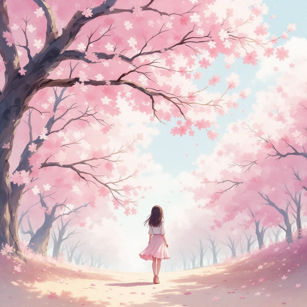 FLUXで生成：桜の下の少女 水彩アニメ風