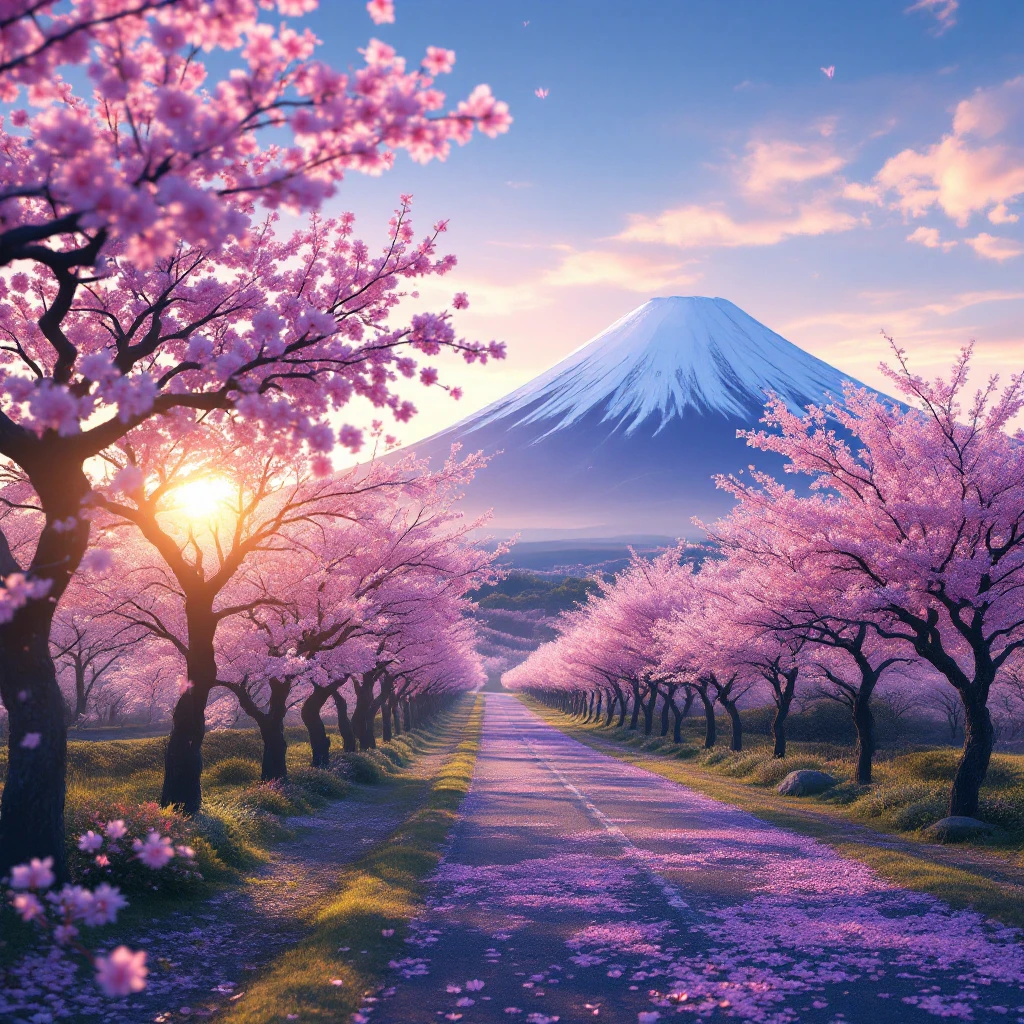 FLUXで生成：富士山と桜並木 夜明け