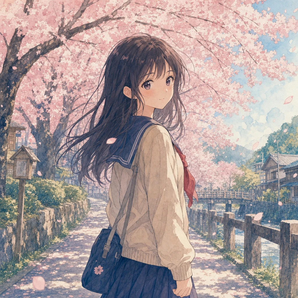 GPT Image 2で生成：桜の下の少女 水彩アニメ風