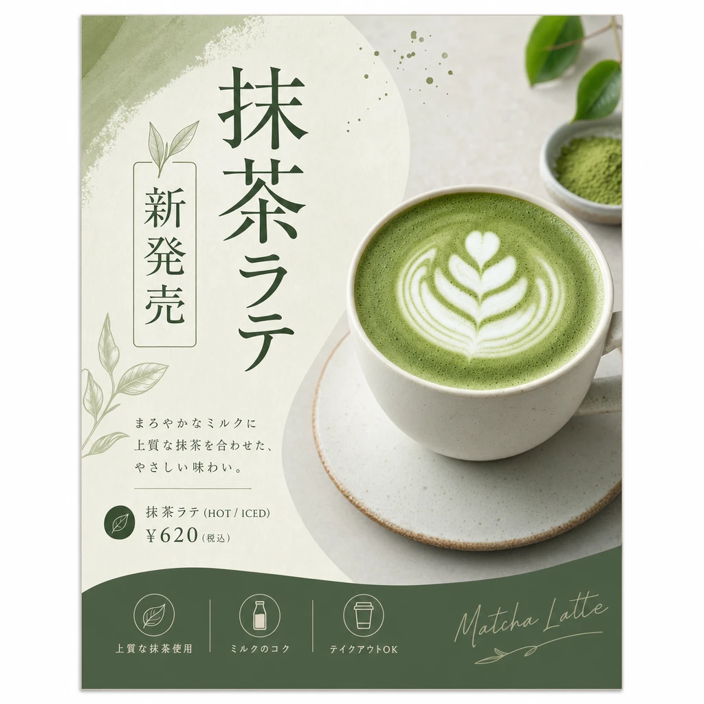 GPT Image 2で生成：抹茶ラテ 新発売ポスター