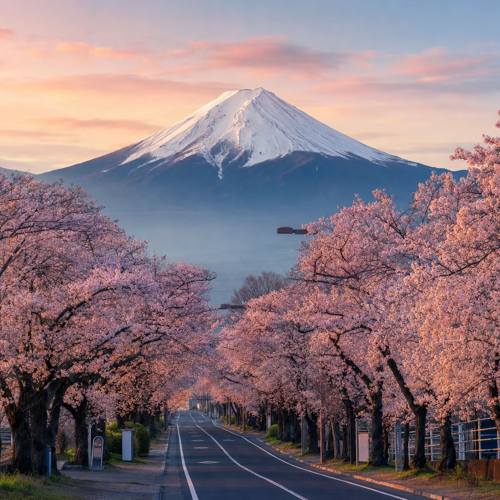 GPT Image 2で生成：富士山と桜並木 夜明け