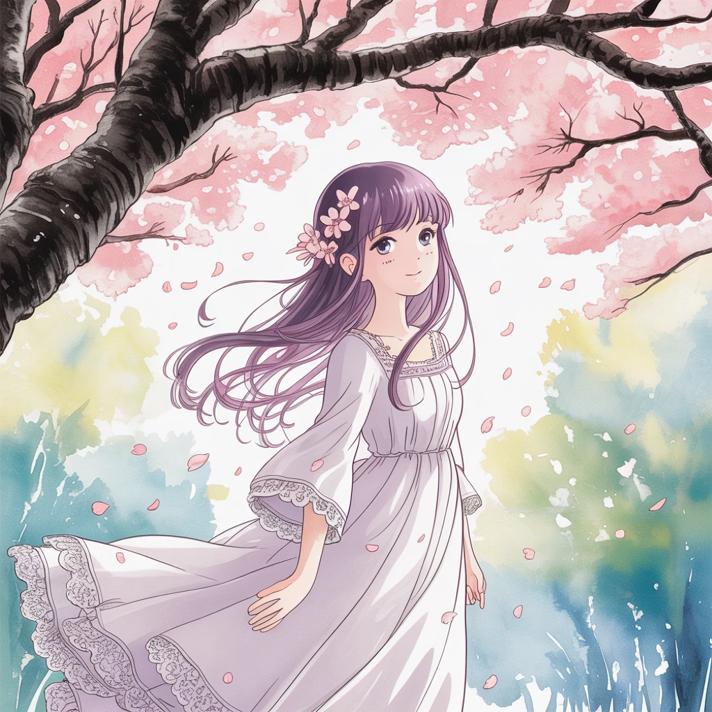 Ideogramで生成：桜の下の少女 水彩アニメ風