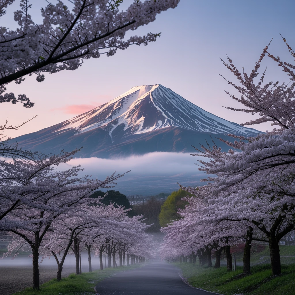 Ideogramで生成：富士山と桜並木 夜明け