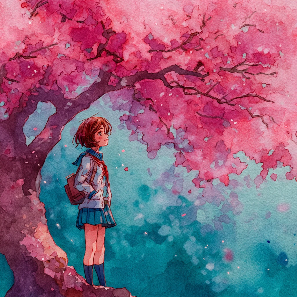 Midjourneyで生成：桜の下の少女 水彩アニメ風
