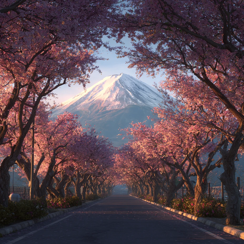 Midjourneyで生成：富士山と桜並木 夜明け