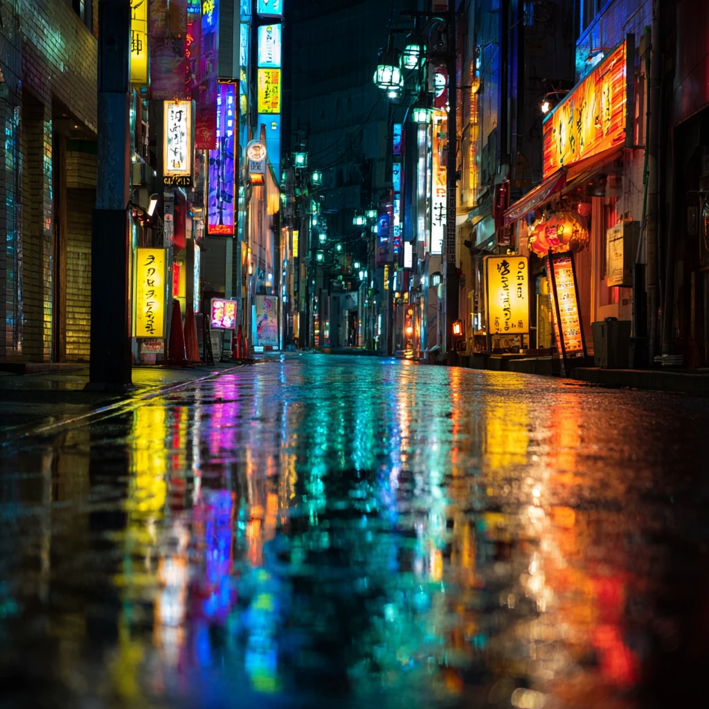 Midjourneyで生成：東京の夜 雨上がり