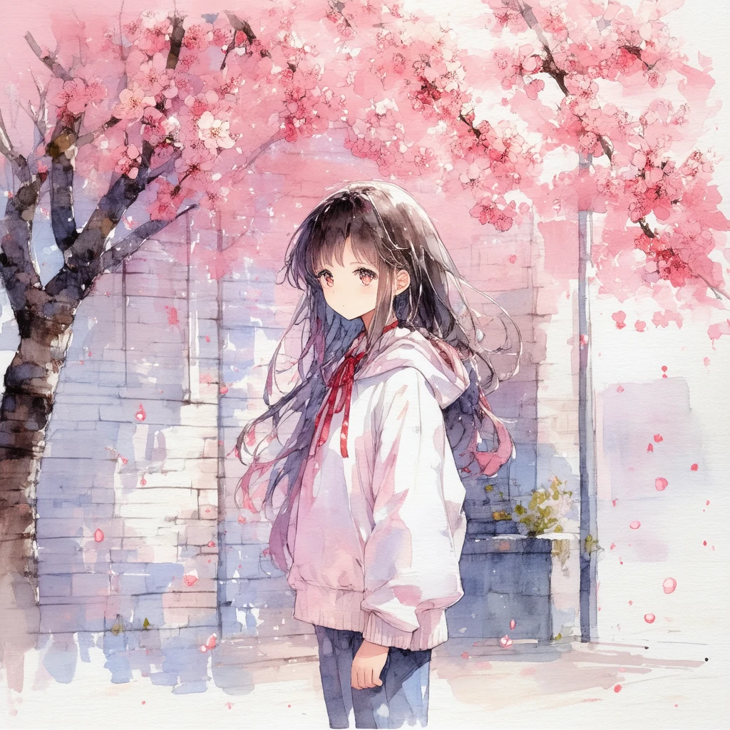 Stable Diffusionで生成：桜の下の少女 水彩アニメ風