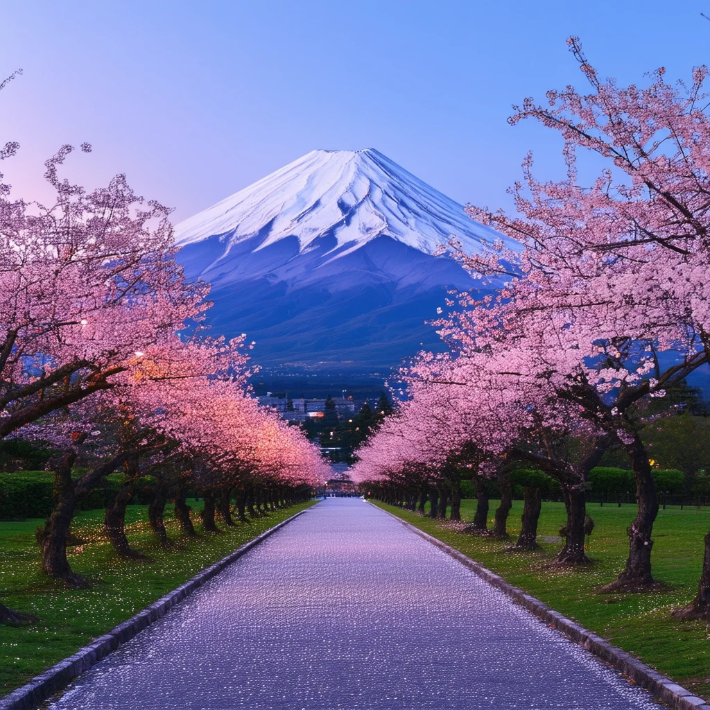 Stable Diffusionで生成：富士山と桜並木 夜明け