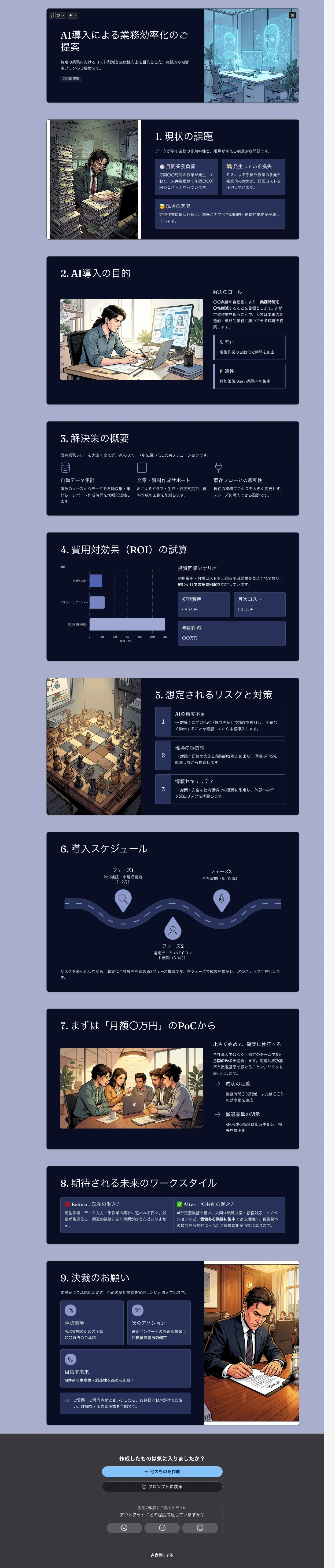 Gamma完成プレゼン：AI導入による業務効率化の提案資料・9枚のスライドが自動生成された状態