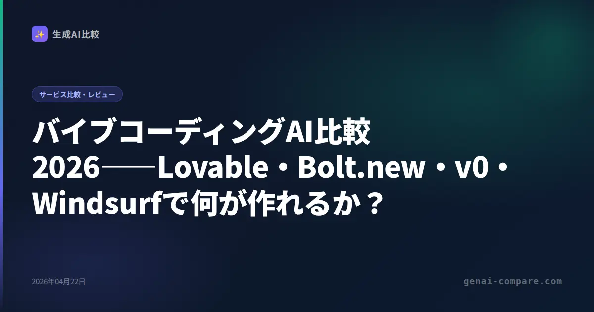 バイブコーディングAI比較2026――Lovable・Bolt.new・v0・Windsurfで何が作れるか？